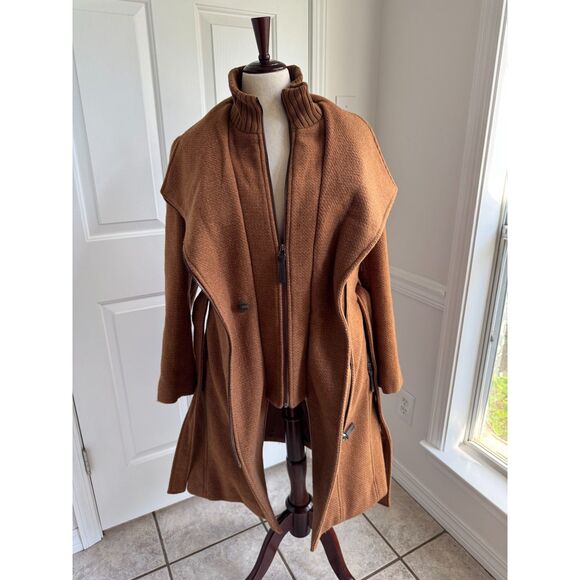 CALVIN KLEIN Wool Blend Belted Wrap Coat Women's Dark Camel Brown - Picture 3 of 11